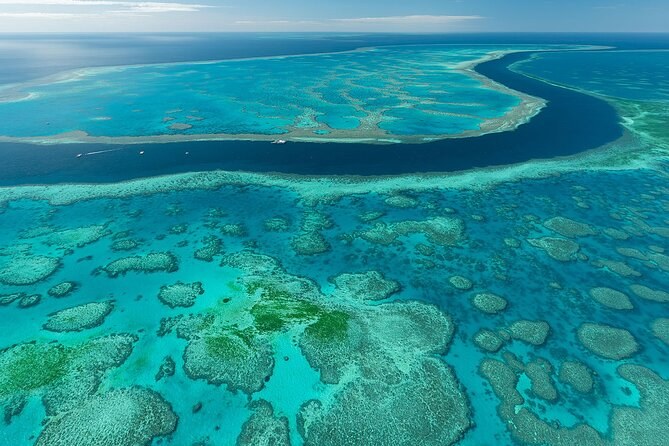 Reef flats and a winding deep-water channel seen from the air